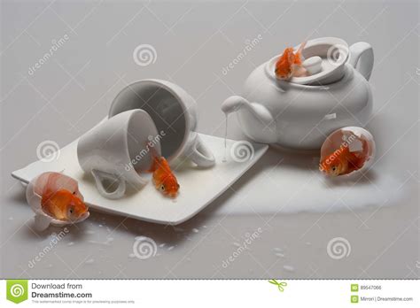 Art Still Life With Goldfish A White Porcelain Teapot