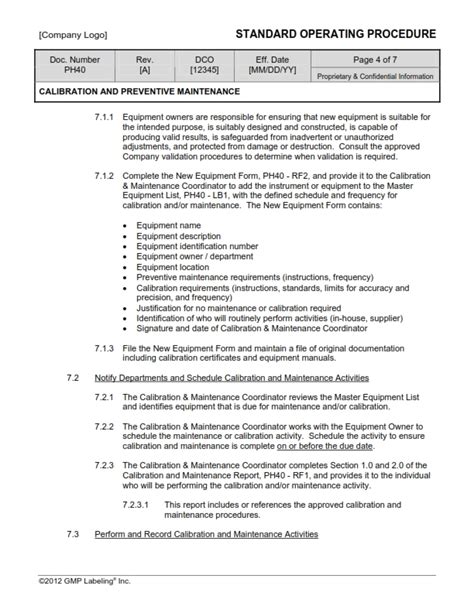 Calibration And Preventive Maintenance Sop Template Ph40