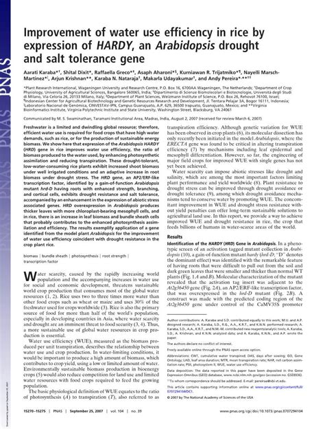 Improvement Of Water Use Efficiency In Rice By Expression Of Hardy An