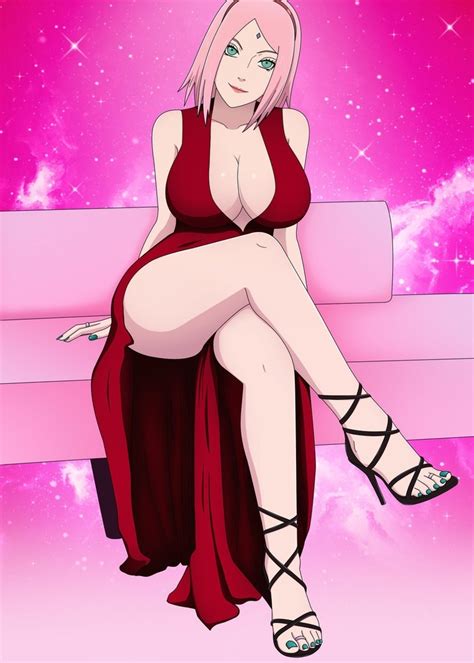 Haruno Sakura Naruto Naruto Series Tagme 1girl Breasts Cleavage Crossed Legs Dress