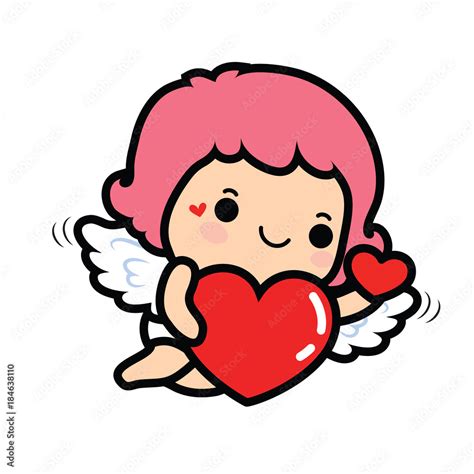 Happy Valentines Day Cute Cartoon Cupid Girl With Big Heart Stock