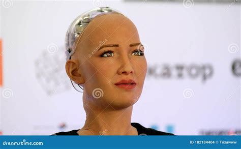 Sophia Humanoid Robot At Open Innovations Conference At Skolokovo Technopark Stock Footage