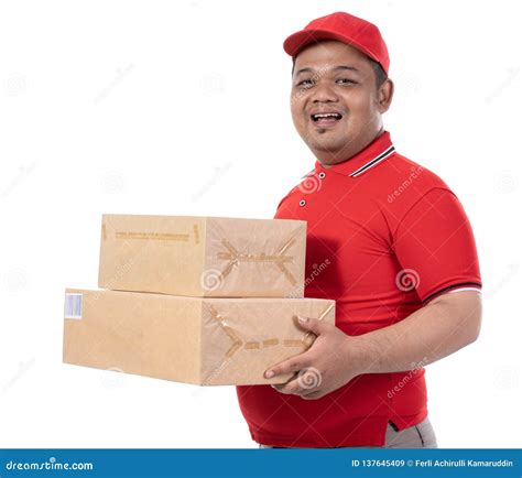 portrait of delivery man smile holding boxes stock image image of express look 137645409