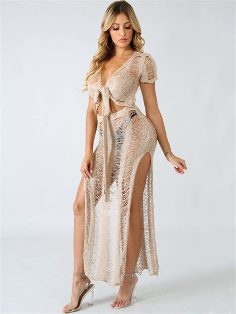Jrry Sexy Two Pieces Hollow Out Women Maxi Dresses Short Sleeve Sashes Crop Top Long Slit Beach