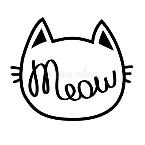 Black Cat Contour Head Meow Lettering Text Cute Cartoon