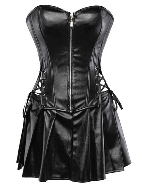 New Female Sexy Mistress Leather Front Zip Boned Corset Bustier With