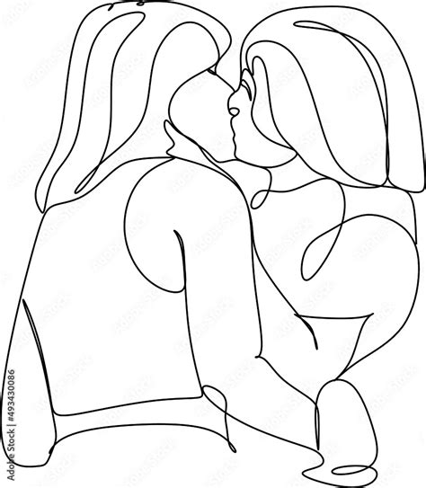 Continuous Drawing Of Two Lesbians Kissing Each Other Stock Vector