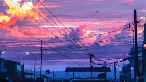 Wallpaper Digital Art Illustration Environment Sunset City Anime
