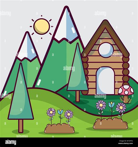 Springs Weather With Pine Trees And Cabin Vector Illustration Stock