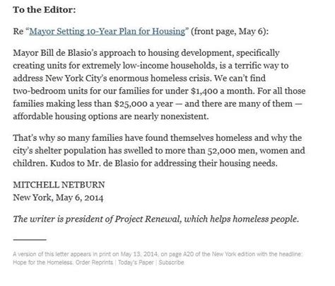 My Letter To The Editor In Todays New York Times — Project Renewal