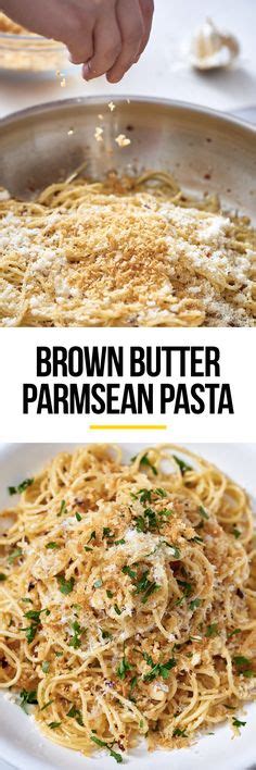 Brown Butter Parmesan Pasta Is Being Cooked In A Skillet And Then