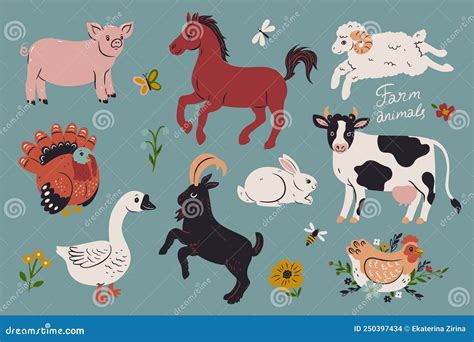 Collection Of Farm Animals And Birds Vector Graphics Stock Vector