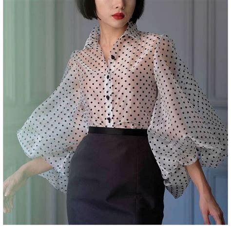 Summer Women Polka Dot Print Blouses White Solid Transparent Organza Blouses Spring Office