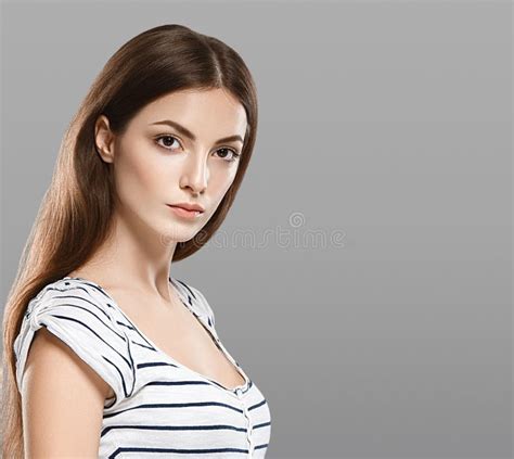 Beautiful Woman Face Neck Shoulders Close Up Portrait Young Studio On