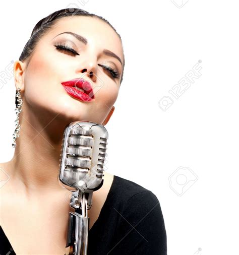 Singing Woman With Retro Microphone Isolated On White Microphone