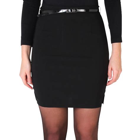 womens ladies simple short black bodycon pencil skirt belted stretch formal au ebay