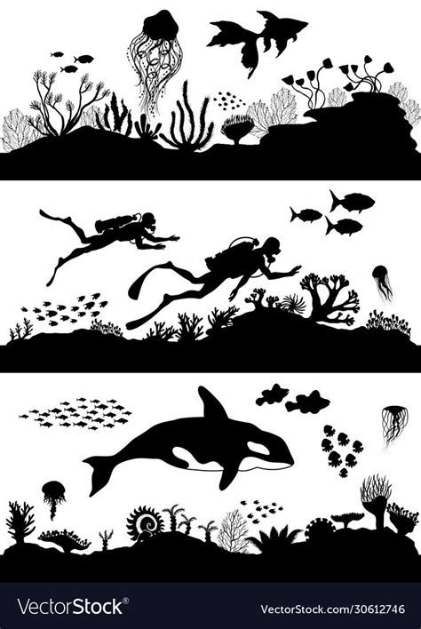 Silhouette Of Sea Coral Reef Oceanic Diving Set Vector Illustration
