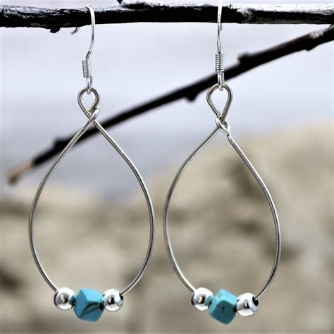 Sterling Silver Tiny Turquoise Square Teardrop Earrings Etsy