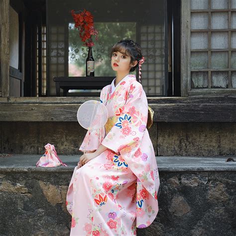 japanese women s yukata improved kimono robe photography dress cosplay costume pink color flower
