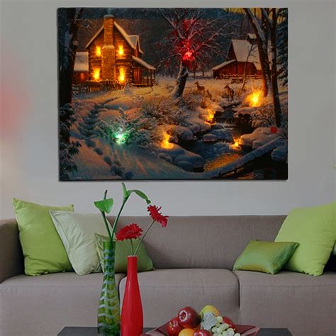 1 Piece Led Luminous Canvas Painting Winter Snow Cabin Deer Wall