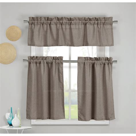 3 Piece Faux Cotton Espresso Brown Kitchen Window Curtain Panel Set