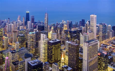 Lights City View Skyscrapers Illinois Top Chicago Usa Evening