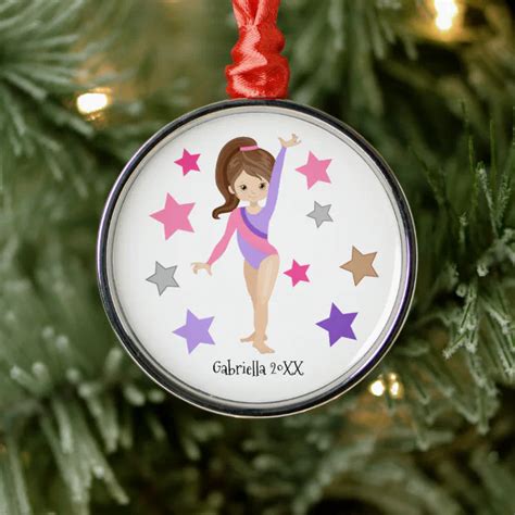 Brown Haired Gymnast Girl Gymnastics Christmas Metal Ornament Zazzle
