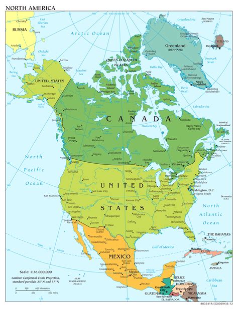 Large Political Map Of North America With Relief And Cities