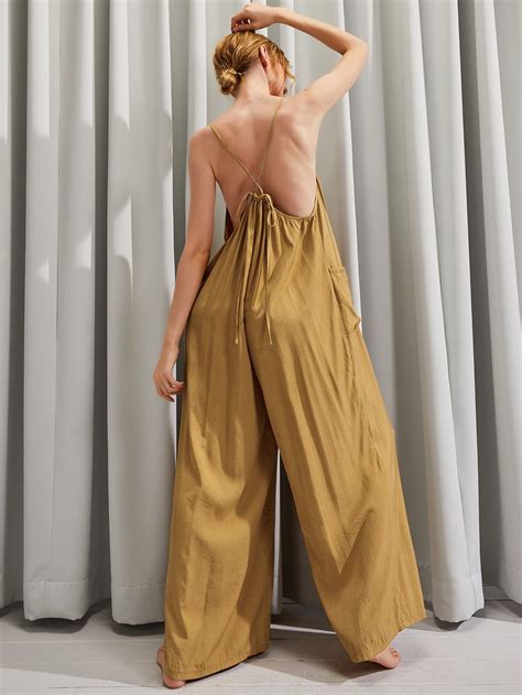 Luukse Pocket Side Tied Backless Wide Leg Cami Jumpsuit In Cami