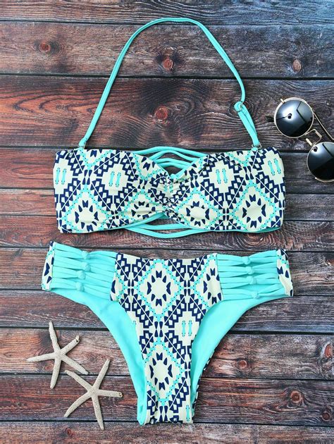 Tile Print Tube Bandeau Bikini Turquoise S Bikinis Cute Bikinis