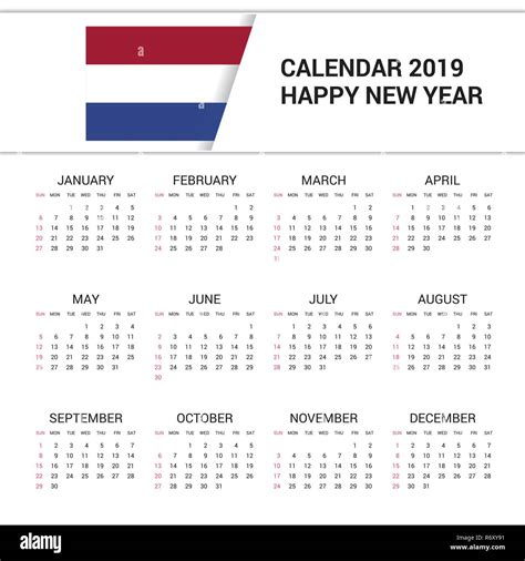 Calendar 2019 Netherlands Flag Background English Language Stock
