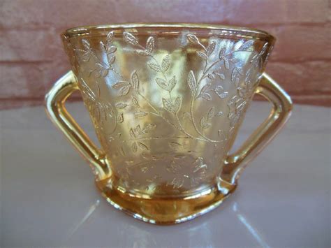 Jeannette Glass Iridescent Floragold Louisa Footed Open Sugar Bowl Jeannette Carnival Glass