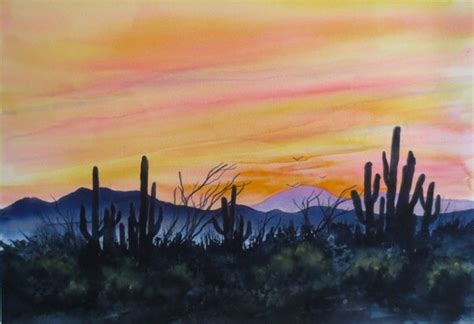 Desert Sunset Watercolor Original Southwest Cactus Sky