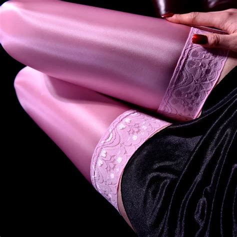 Colorful 80d Lace Top Silicone Hold Up Thigh High Stockings Vintage Oil Shiny Silky Stockings