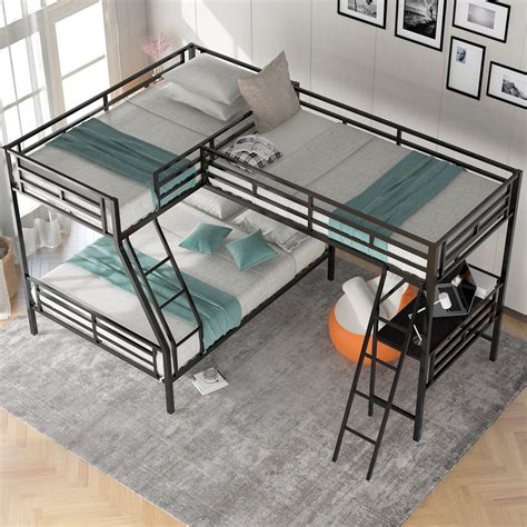 Merax Metal L Shaped Bunk Bed With A Loft Attached Triple Bedframe With Desk Guardrails And