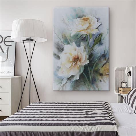 Dark wood framed wall art. White Rose Canvas Wall Art, Water Color Floral Large ...