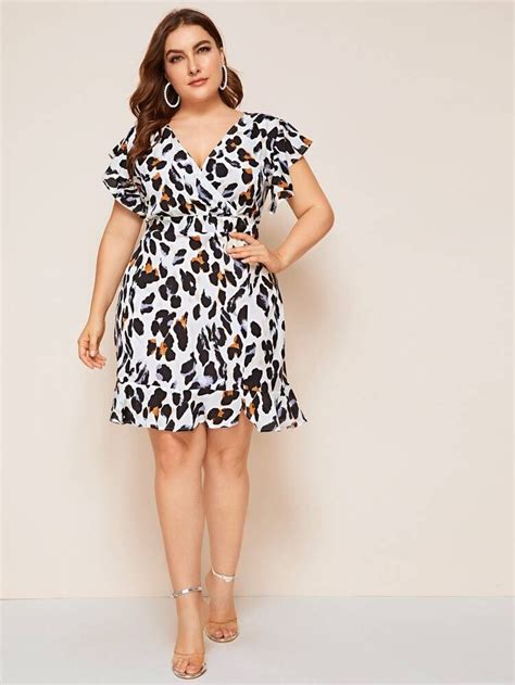 plus leopard print surplice front ruffle hem dress shein usa dresses 4xl plus size dresses