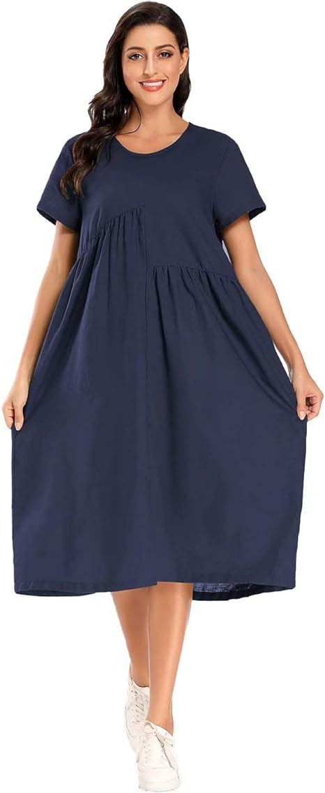 Meomua Womens Casual Linen Pleated A Line Dress Pockets Plus Size Loose Cotton Dresses Navy X