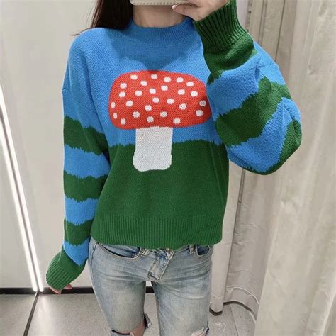 Sweaters Women Harajuku Chic Preppy Style Loose Mushroom Print Jumpers