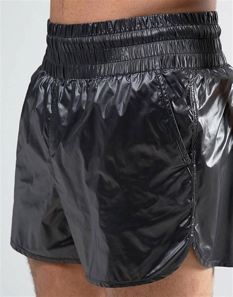 Lyst Asos Runner Swim Shorts In Black Wet Look Fabric With Deep Waistband In Black For Men