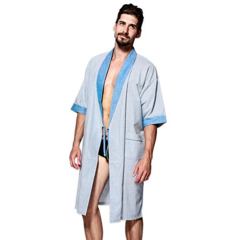 Male 100 Cotton Spa Bathrobes Men Summer Casual Striped Kimono Robes
