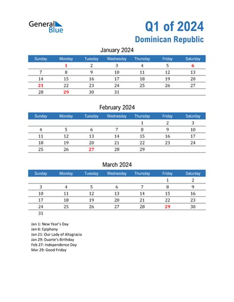 Q1 2024 Quarterly Calendar With Dominican Republic Holidays
