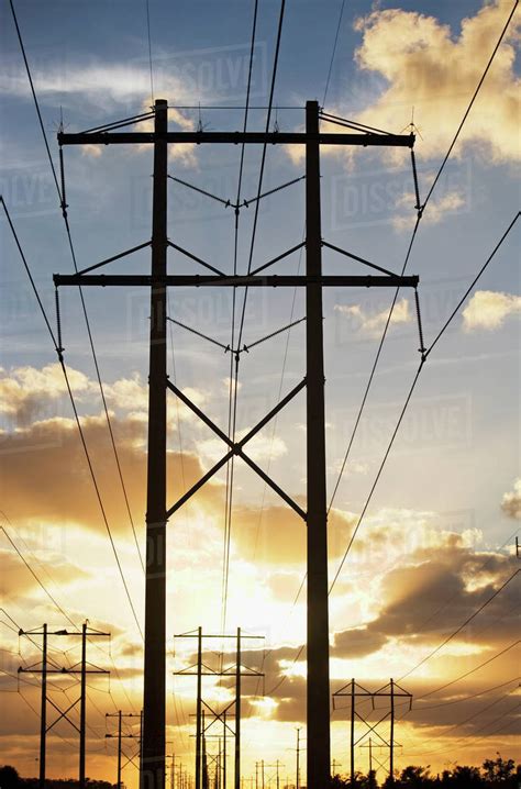 Electrical Poles And Wires At Sunset Stock Photo Dissolve