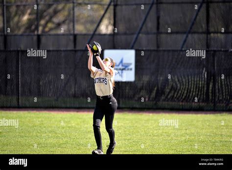 Outfielder Making A Routine Catch Of A Fly Ball Stock Photo Alamy