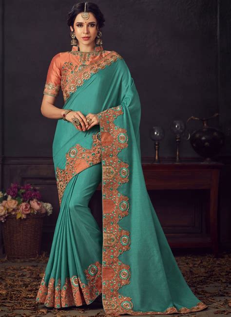 Shop Online Poly Silk Turquoise Traditional Saree 143914 Saree