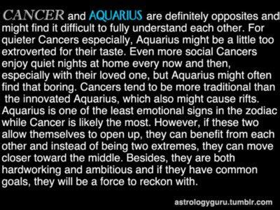 Aquarius can turn and walk away on a dime leaving poor cancer clinging helplessly to the illusion that he will return. Cancer and Aquarius | Quotes I Love | Pinterest | Aquarius ...