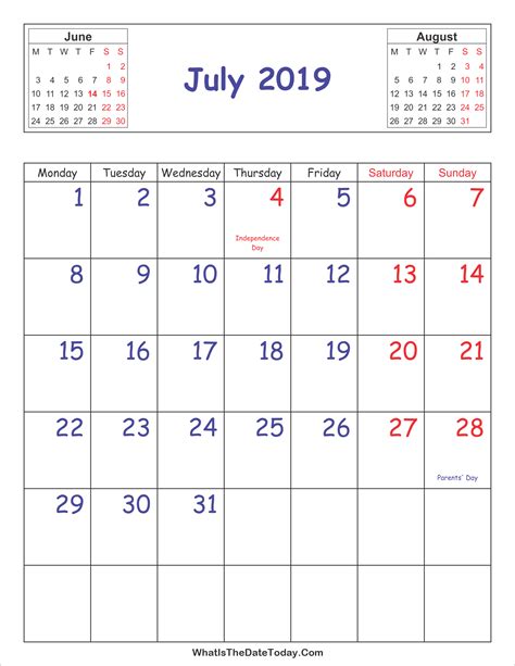Printable 2019 Calendar July Vertical Layout Whatisthedatetodaycom