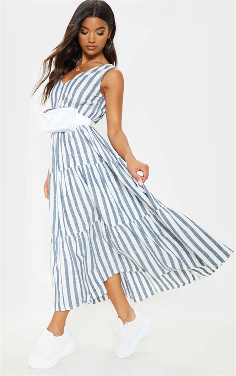 blue stripe v neck tiered midiaxi dress prettylittlething