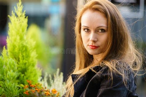 Fashion Model In Jeans Jacket Walking Outdoor Stock Image Image Of