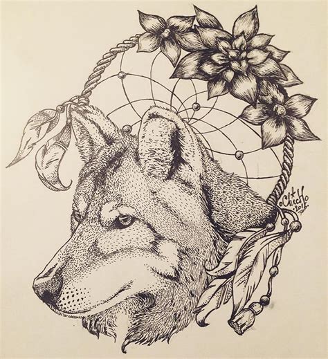 Remarkable Grey Wolf And Indian Dream Catcher Tattoo Design